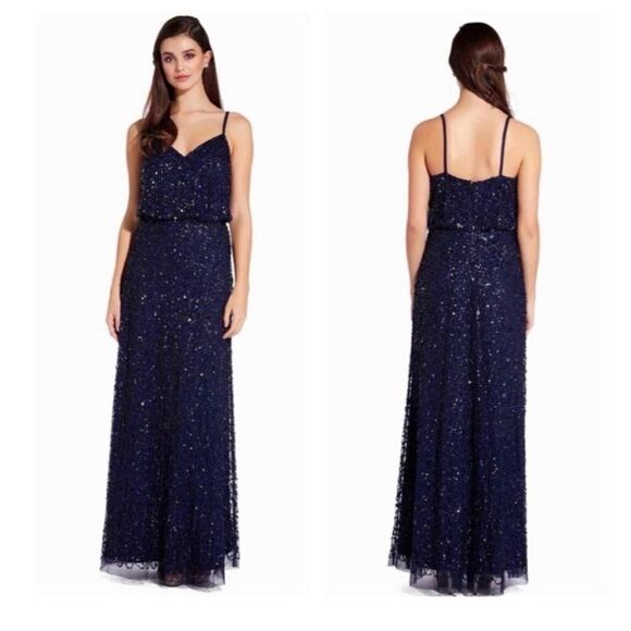 Adrianna Papell Women's Size 4 Navy Blue Sequin sleeveless Maxi Evening Gown - Picture 2 of 6